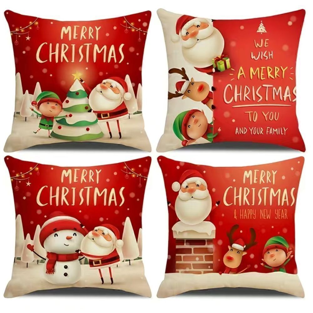4pcs Linen Christmas Single Sided Printed Pillowcase For Home Christmas Decor